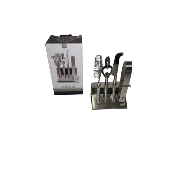 5 Piece Cocktail Tool Set Brushed Stainless Steel Includes Stand - Picture 1 of 16